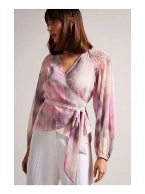 Ted Baker Pastel Pink & Lavender Tie-Waist Wrap Blouse